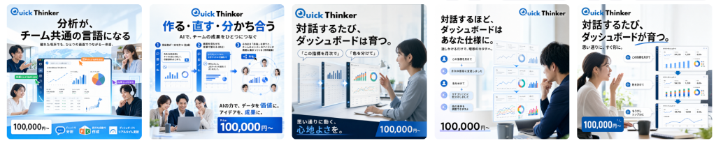 実際にAIが生成した広告バナークリエイティブの例。「分析が、チーム共通の言語になる」「作る・直す・分かち合う」「対話するたび、ダッシュボードは育つ。」などの訴求コピーと、ダッシュボードのビジュアル、100,000円〜の価格帯を組み合わせた複数パターンのバナー案。